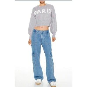 Paris Graphic Cropped Long Sleeve Sweater Women’s Grey Size Small #594